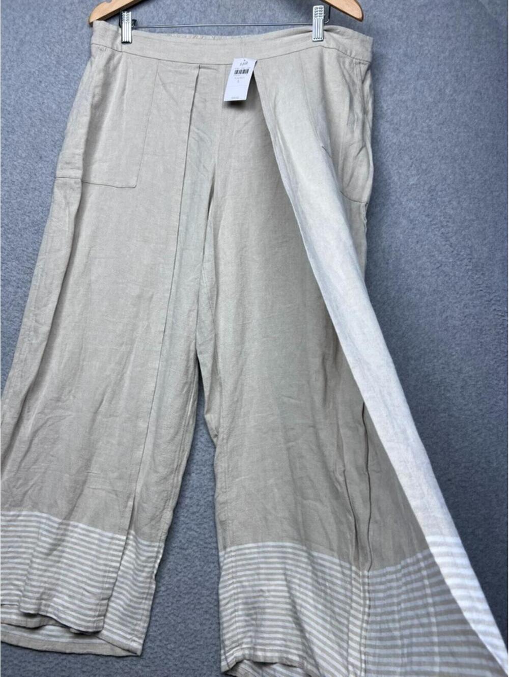 Pure Jill Linen Wide Leg Pants L Beige Striped Border Hem Crop Coastal Boho New - Picture 3 of 11